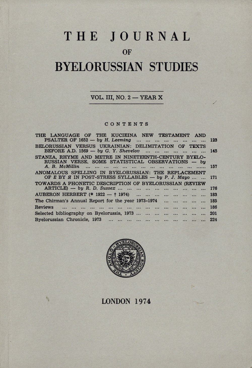 The Journal of Byelorussian Studies Vol. III, No. 2 - Year X / 1974