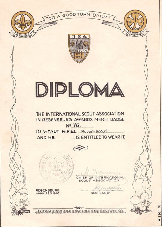 Дыплём Міжнароднай скаўцкай асацыяцыі ў Рэгенсбургу 